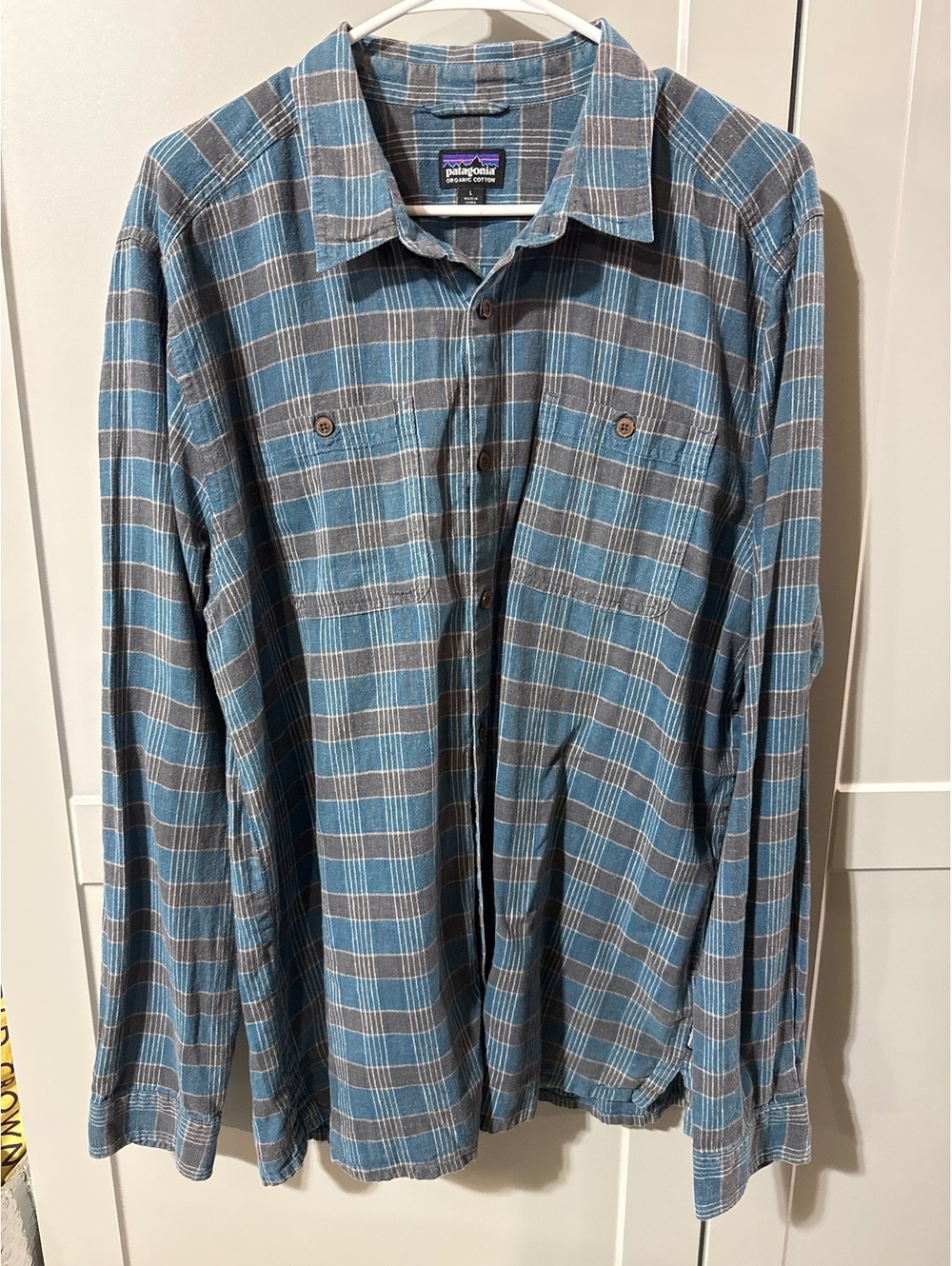 Patagonia Organic Cotton Blue Plaid Shirt - Size L, Made in